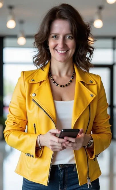 Nicole Angela Buck in gelber Lederjacke, lächelnd, mit dem Handy in der Hand